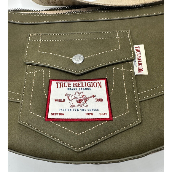 True Religion Hobo Crossbody W/ Adjustable Logo Strap Zip Top Olive Green Boho - Picture 2 of 9